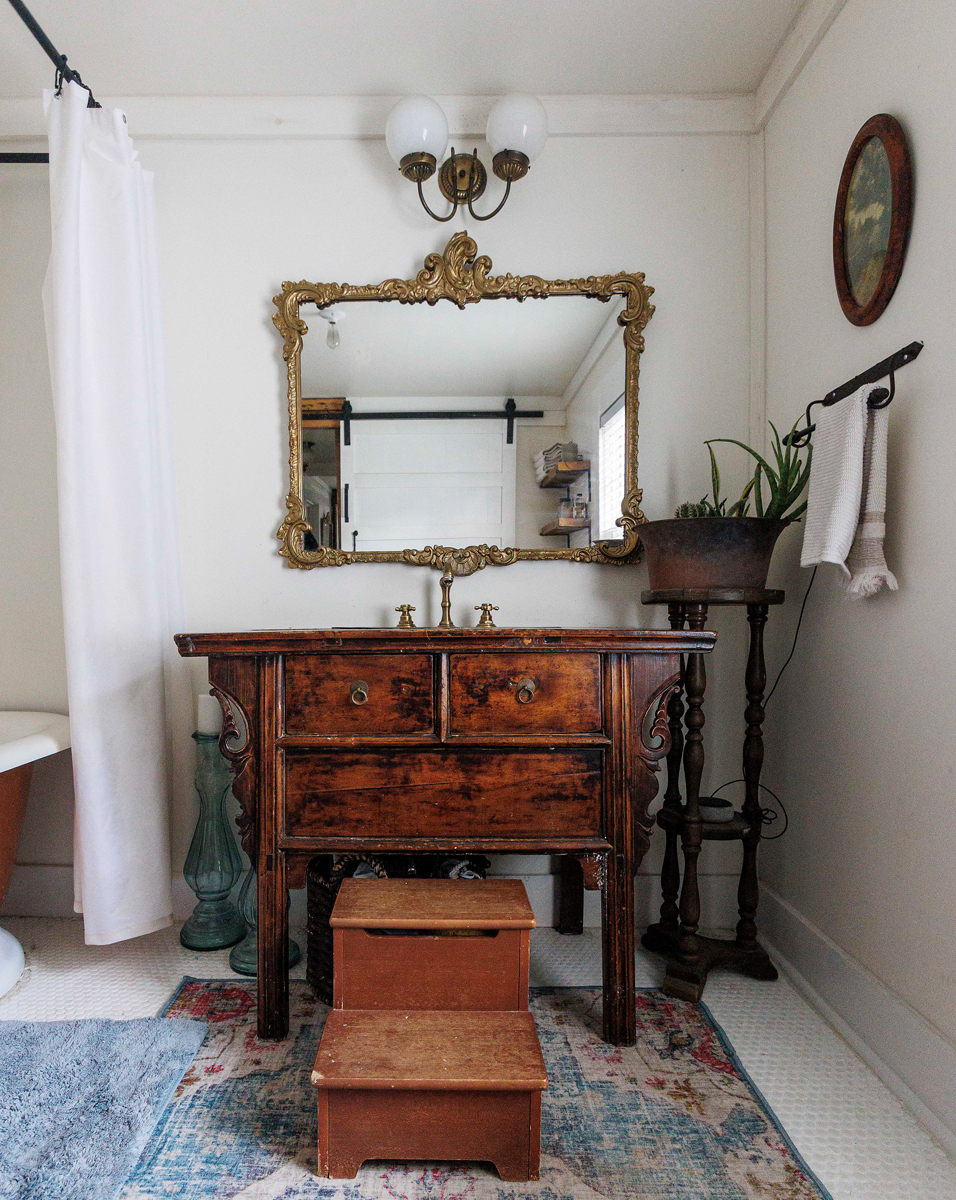 The bathroom vanity was salvaged from a Raleigh home scheduled for demolition.