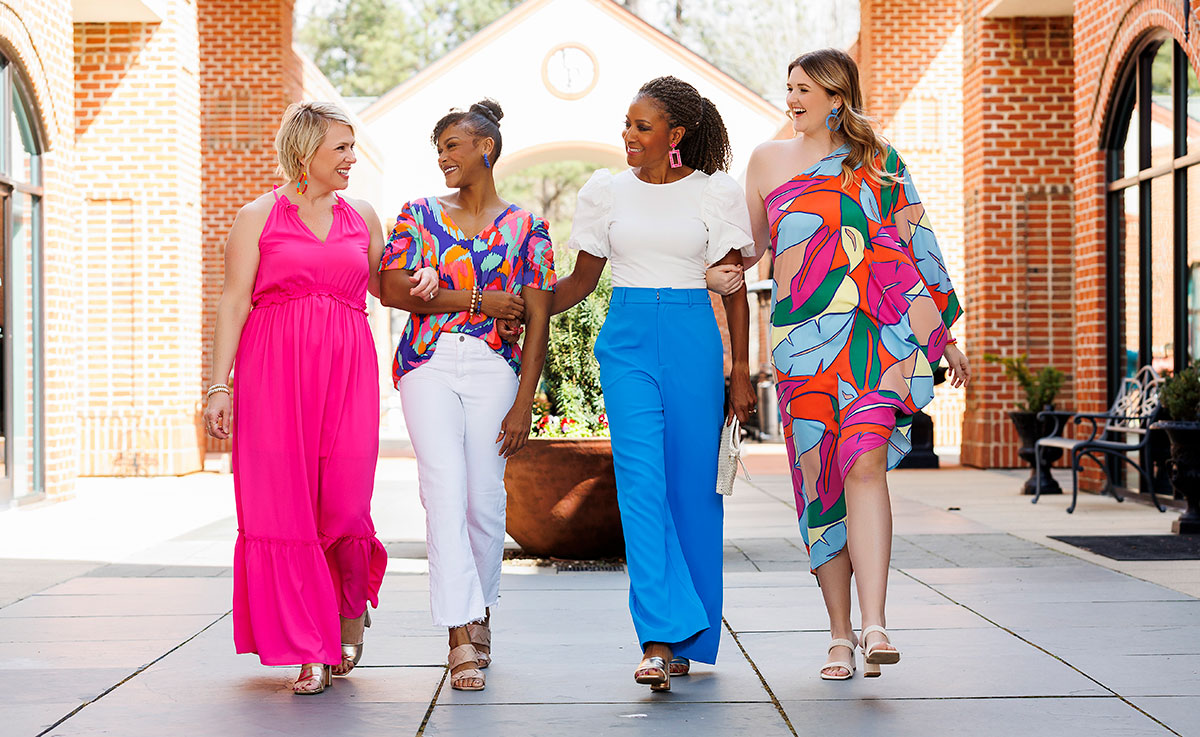 (FROM LEFT)<br />
On model Mandy Becker:
Pink maxi dress, $55,
Bracelets and earrings, $18-$40
<br />
On model Kaela Bhalai:
Print blouse, $56,
White jeans, similar styles $84
<br />
On model Donna Peek:
Blue trousers, $50,
Puff-sleeve bodysuit, $52,
Woven clutch, $64,
Patterned maxi, $80
<br />
On model Alana Beebe:
Patterned one-shoulder dress, $60,
Accessories, $18-$40
<br />
Swagger Boutique