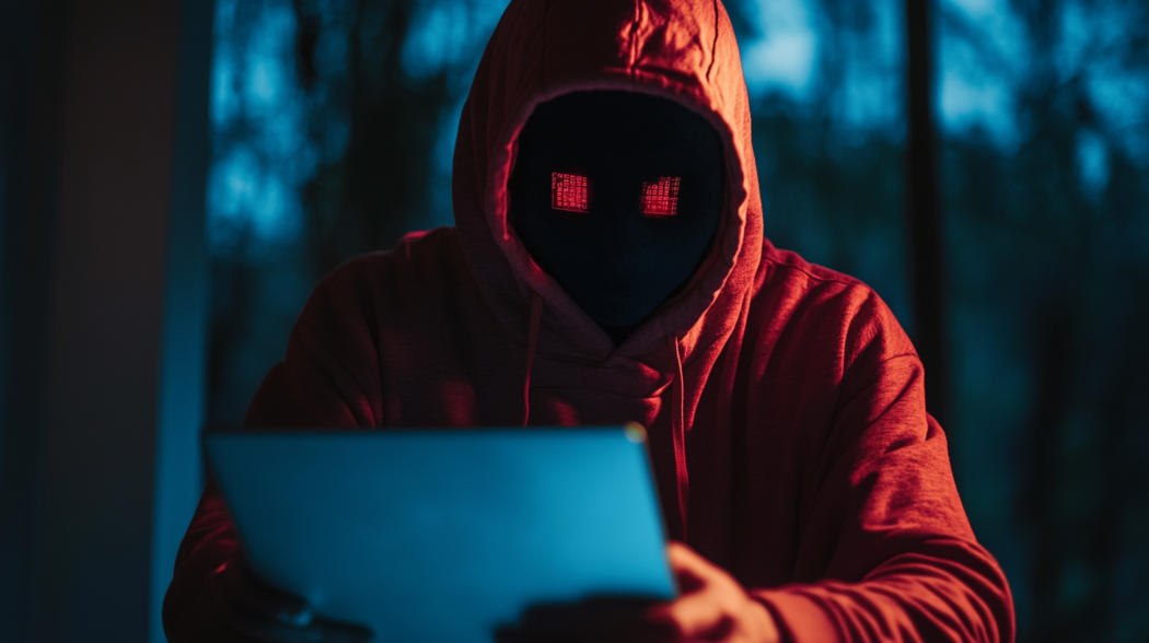 A figure with glowing red digital eyes wearing a hoodie holds a tablet.