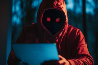 A figure with glowing red digital eyes wearing a hoodie holds a tablet.